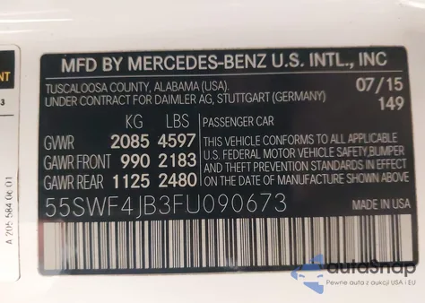 2015 Mercedes-Benz C 300 Sport из США, поврежденный, VIN 55SWF4JB3FU090673